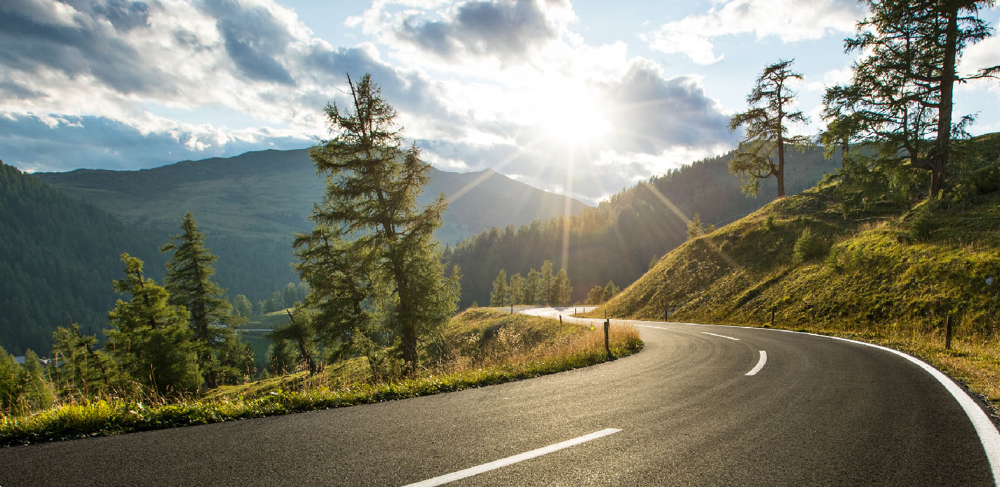 View of a deserted mountain road in late afternoon with pine trees.